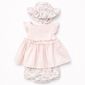 Cupcakes & Cashmere Baby Girl Pink Dress Bloomer Hat Set 12M Floral/Bunny EUC